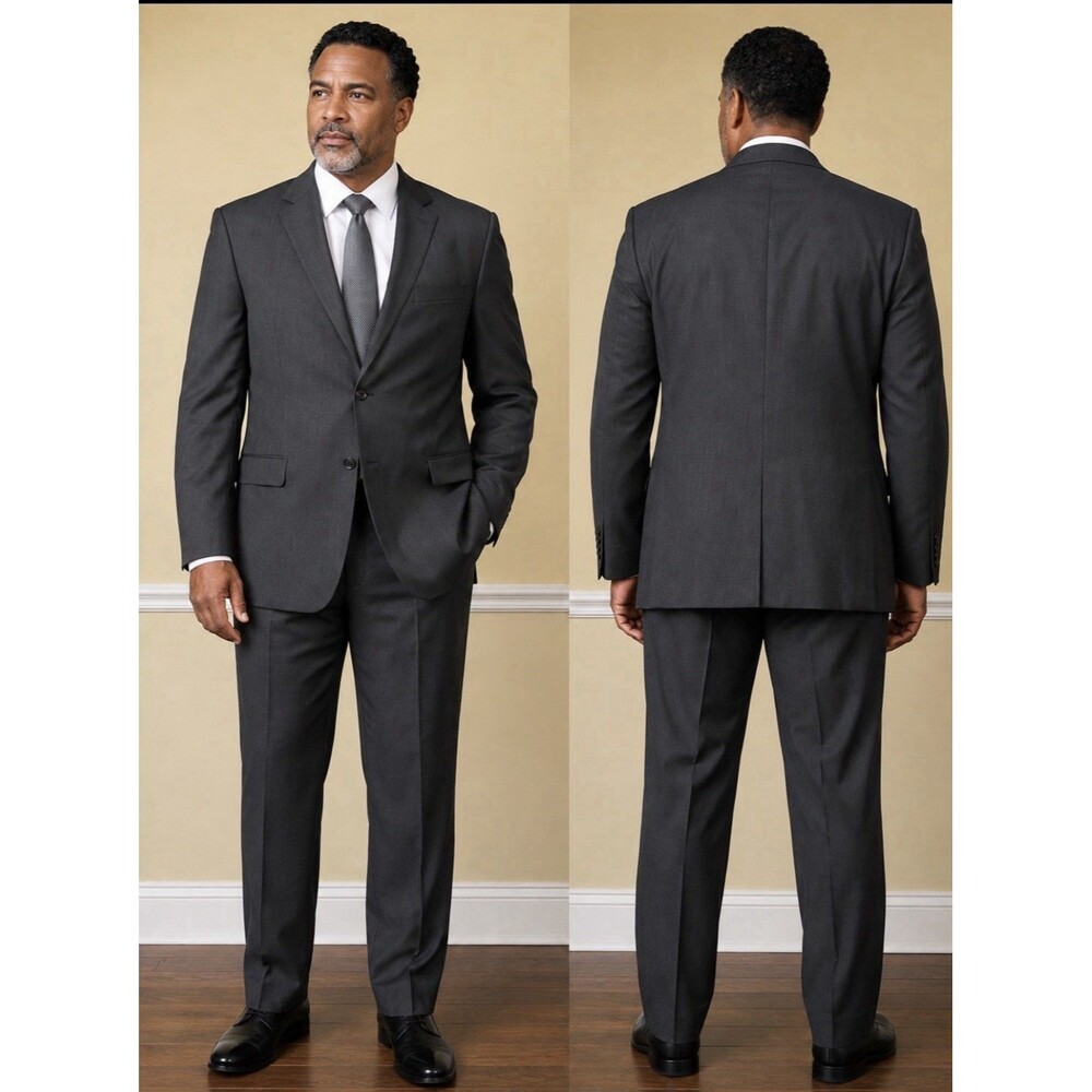 Tom Rich Charcoal Gray 2 Piece Wool Suit with Textured Weave Men Size 44L